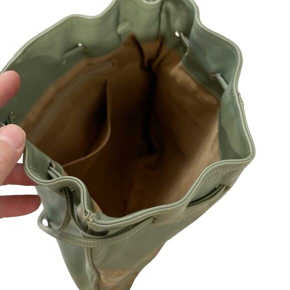 Vintage 1980's Leather Tote Shoulder Bag Green Gold Chevron - Picture 7 of 13